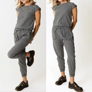 NWT Albion Black Check Jumpsuit Size LP Large Petite Short Sleeve Travel Stretch